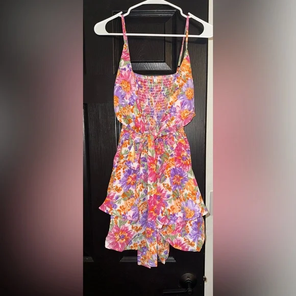 Floral Smocked Romper - Bodice with Tie Detail - Pink, Purple & Orange - Size S - Picture 2 of 6